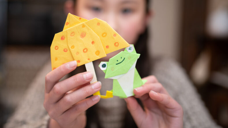 A girl with an origami frog