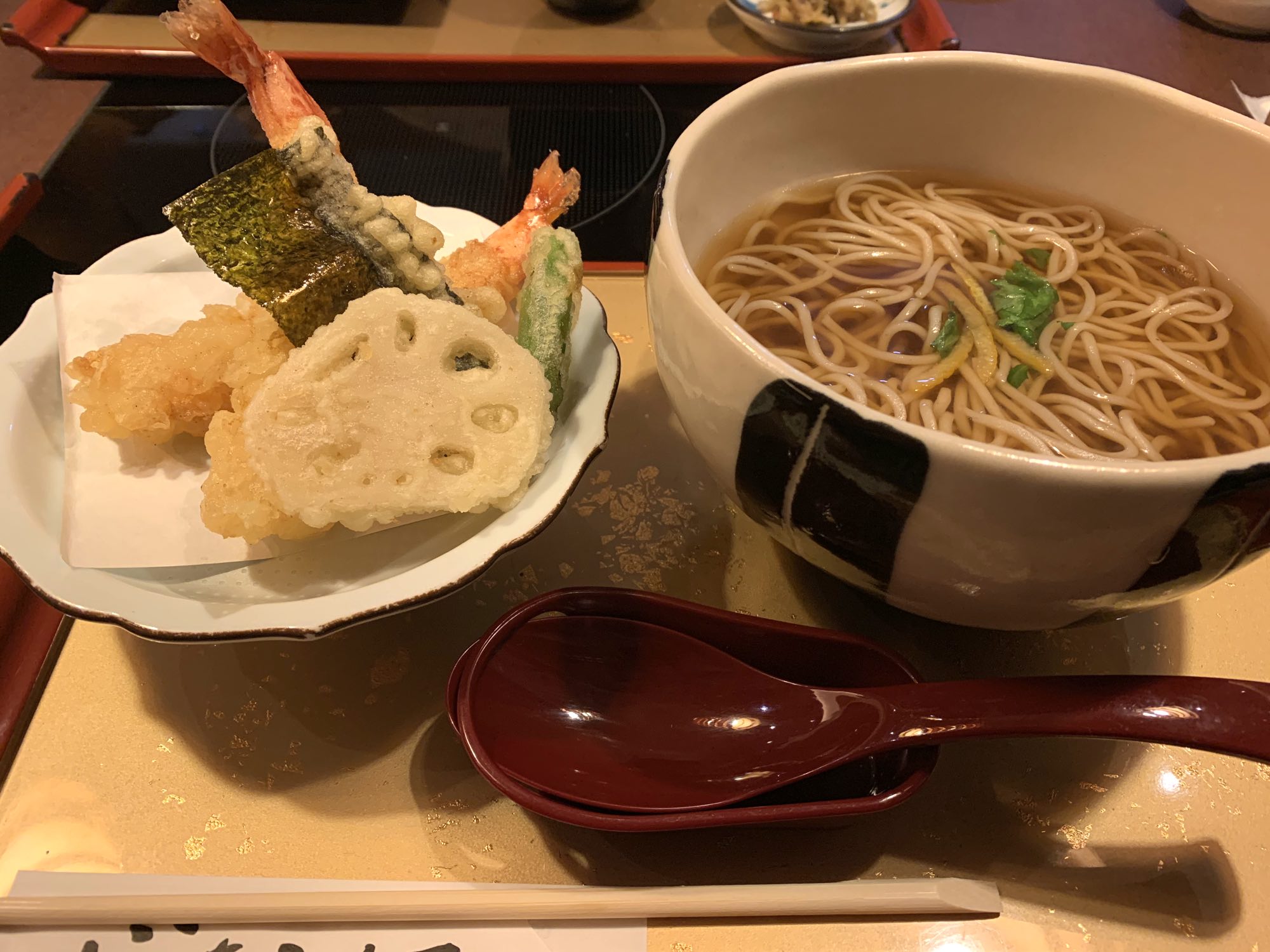 Bowl of ramen and tempura at Sobachaya Hanagen Honzenan in Fukuoka, perfect way to start a weekend getaway
